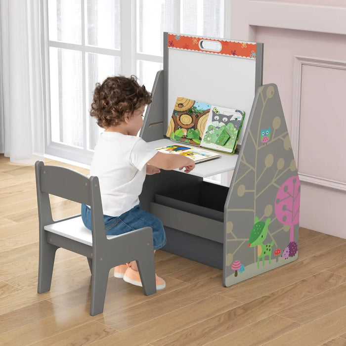 3-in-1 Kids Art Easel - Grey | Double-Sided Board - Table, Chair and Storage COSTWAY - Little and Giant Explorers Costway