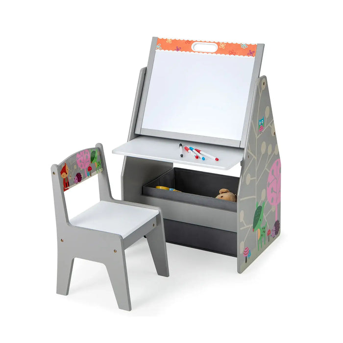 3-in-1 Kids Art Easel - Grey | Double-Sided Board - Table, Chair and Storage COSTWAY - Little and Giant Explorers Costway