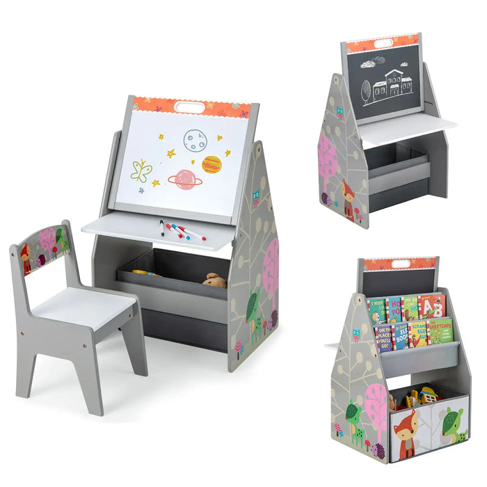 3-in-1 Kids Art Easel - Grey | Double-Sided Board - Table, Chair and Storage COSTWAY - Little and Giant Explorers Costway