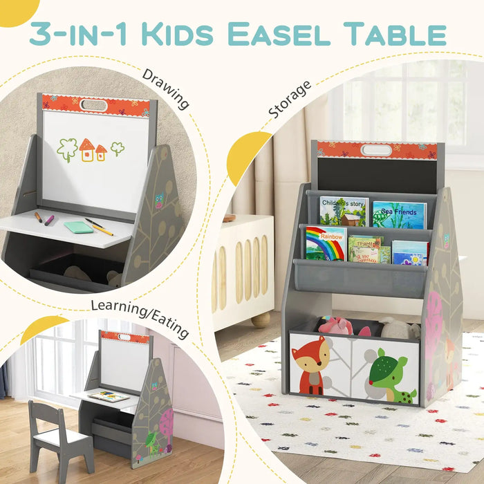 3-in-1 Kids Art Easel - Grey | Double-Sided Board - Table, Chair and Storage COSTWAY - Little and Giant Explorers Costway