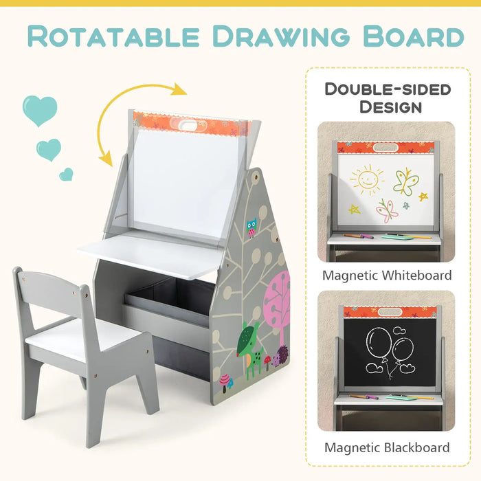 3-in-1 Kids Art Easel - Grey | Double-Sided Board - Table, Chair and Storage COSTWAY - Little and Giant Explorers Costway