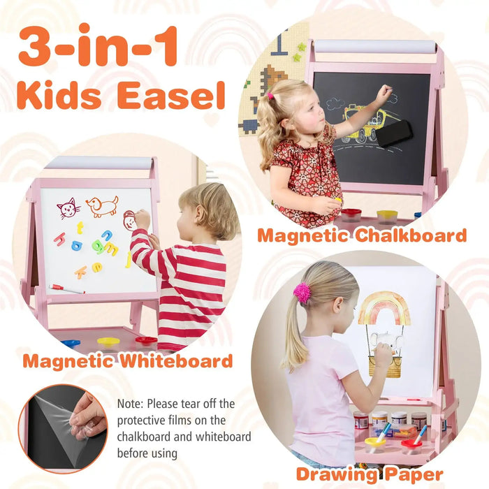 3-in-1 Kids Art Easel – Pink | Magnetic Whiteboard, Chalkboard and Paper Roll COSTWAY - Little and Giant Explorers Costway