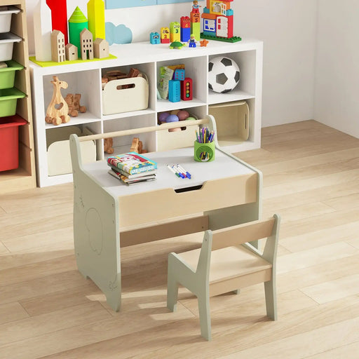 Children's desk with chair in a room filled with toys