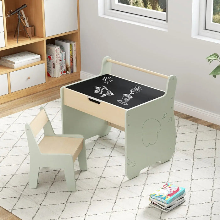 Children's table and chair set with a blackboard top in a room with a bookshelf and books.