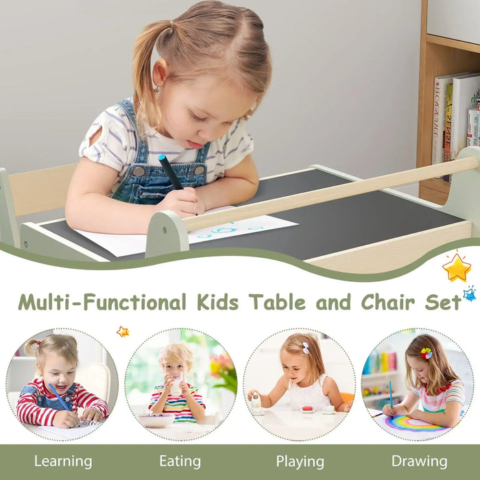 Child using a multi-functional kids table and chair set with text indicating its uses.