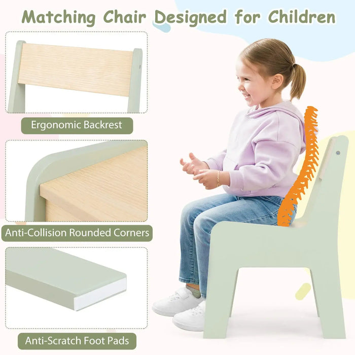 Child sitting on a chair with features highlighted, including ergonomic backrest, anti-collision rounded corners, and anti-scratch foot pads.