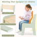 Child sitting on a chair with features highlighted, including ergonomic backrest, anti-collision rounded corners, and anti-scratch foot pads.