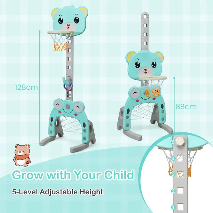 Children's basketball hoop with bear design on a light blue background