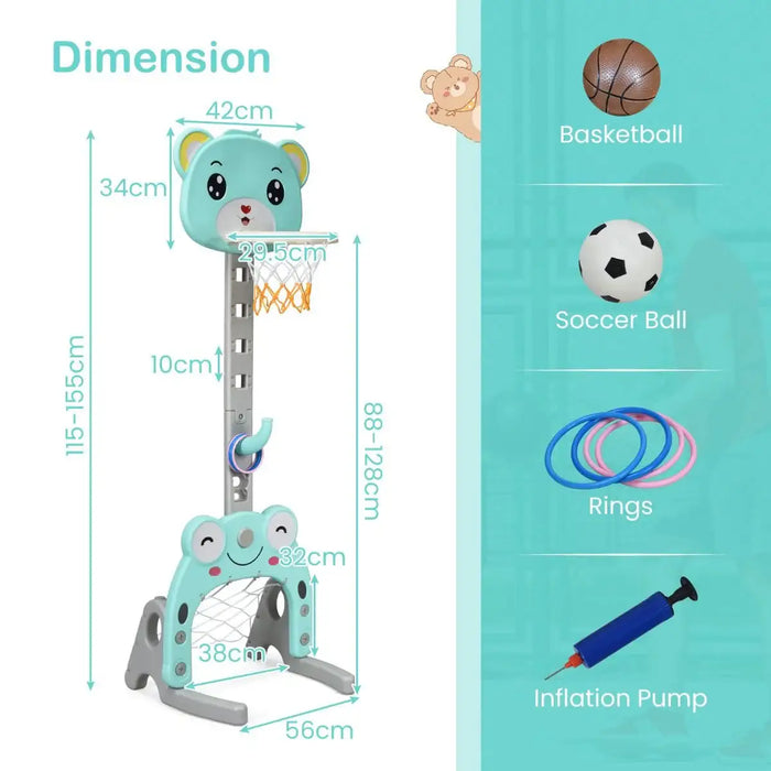 Children's basketball hoop set with measurement details and included items on a teal background.