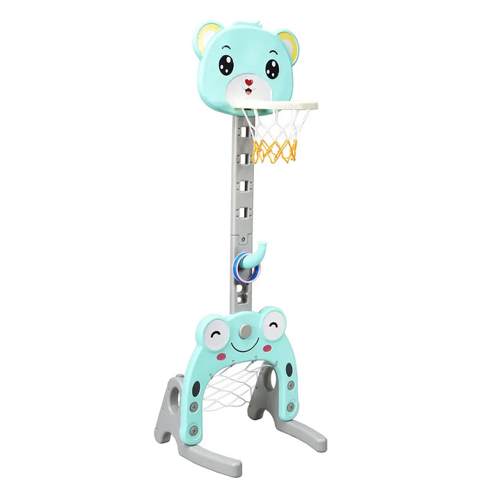 Children's basketball hoop with bear-themed backboard on a white background