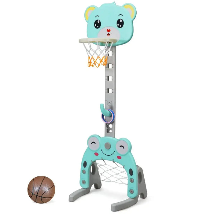 Children's basketball hoop with bear-themed backboard and base on a white background