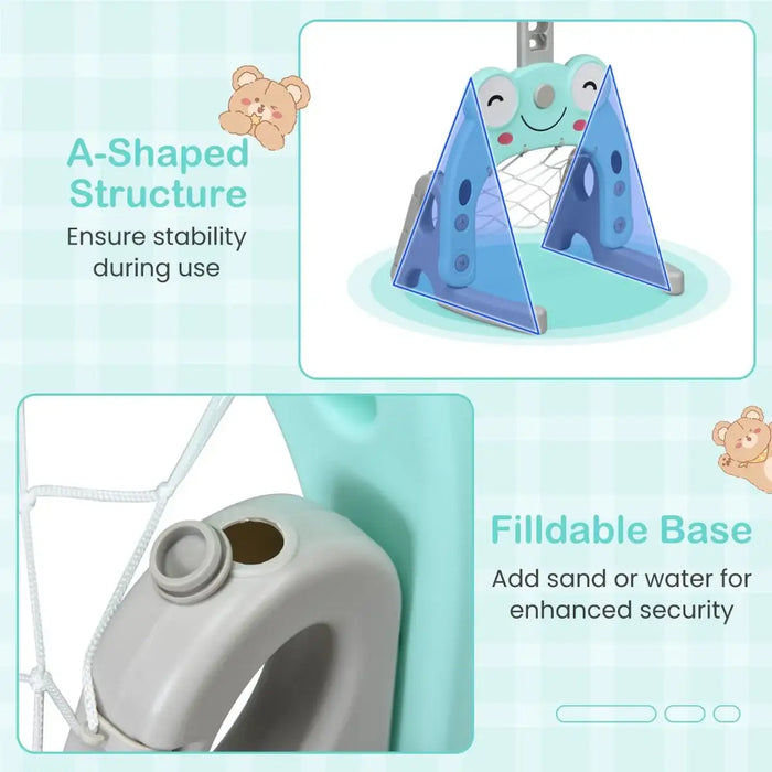 Product with A-shaped structure and fillable base on a light blue background