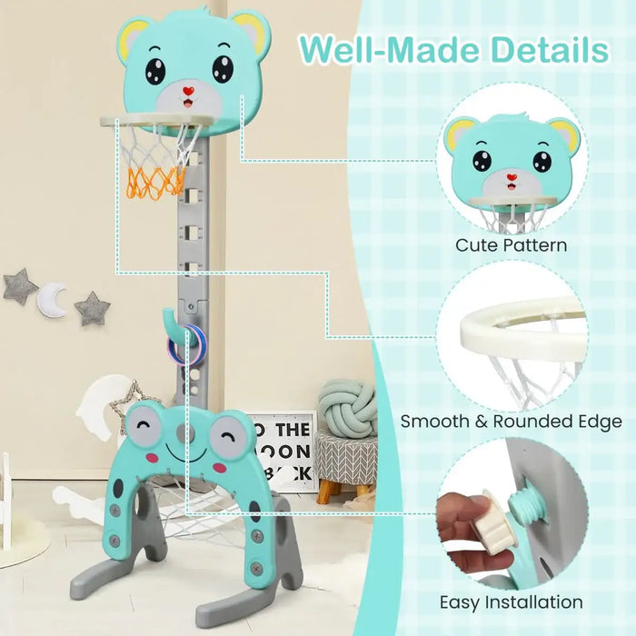 Children's basketball hoop with bear design, showing well-made details and features.