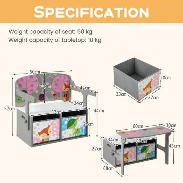 3-in-1 Kids Convertible Activity Bench - Grey and White | Table, Chair and Storage COSTWAY - Little and Giant Explorers Costway