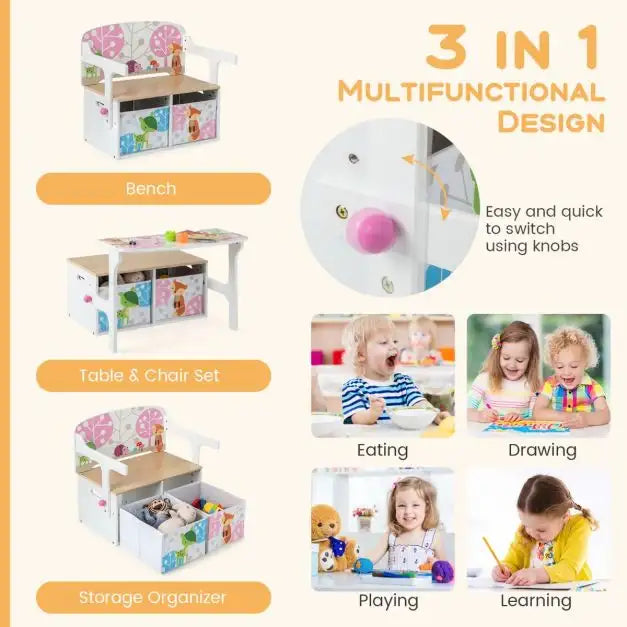 3-in-1 Kids Convertible Activity Bench - White | Table, Chair and Storage COSTWAY - Little and Giant Explorers Costway