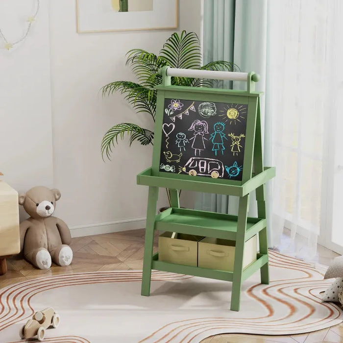 3 in 1 Kids Double-Sided Magnetic Whiteboard and Chalkboard Easel with Paper Roll and Storage Baskets in Green - Little and Giant Explorers AIYAPLAY