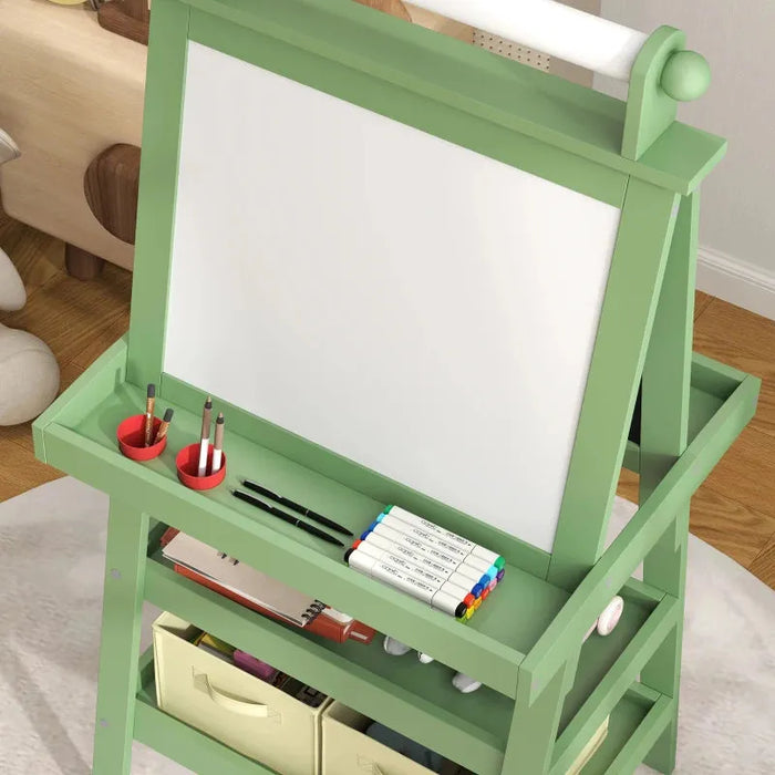 3 in 1 Kids Double-Sided Magnetic Whiteboard and Chalkboard Easel with Paper Roll and Storage Baskets in Green - Little and Giant Explorers AIYAPLAY