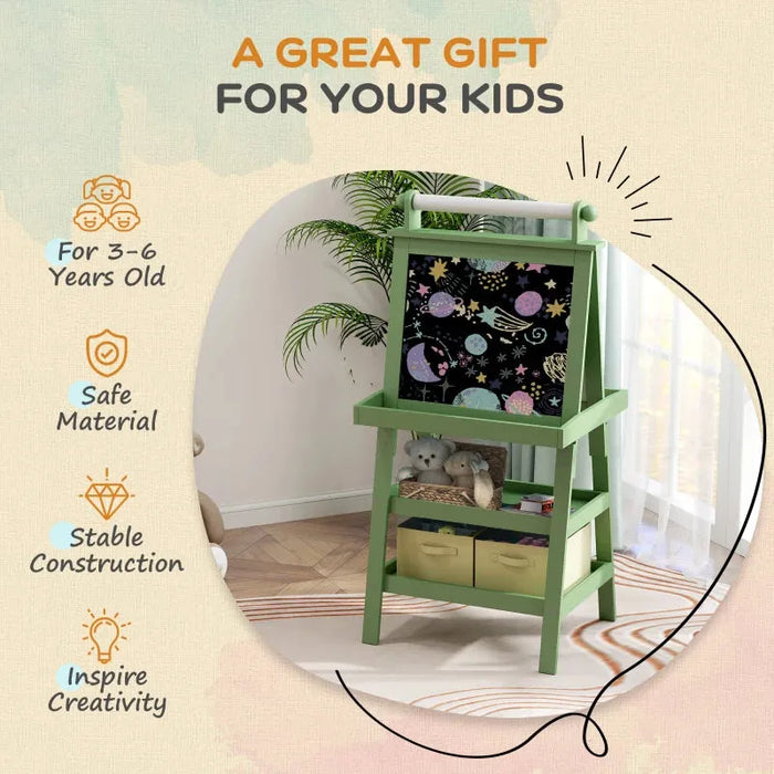 3 in 1 Kids Double-Sided Magnetic Whiteboard and Chalkboard Easel with Paper Roll and Storage Baskets in Green - Little and Giant Explorers AIYAPLAY