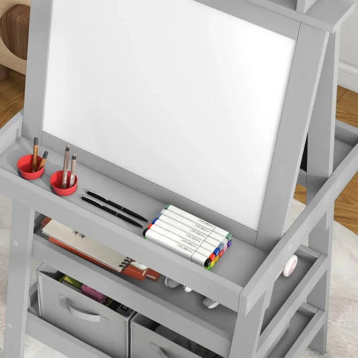 3 in 1 Kids Double-Sided Magnetic Whiteboard and Chalkboard Easel with Paper Roll and Storage Baskets in Grey - Little and Giant Explorers AIYAPLAY