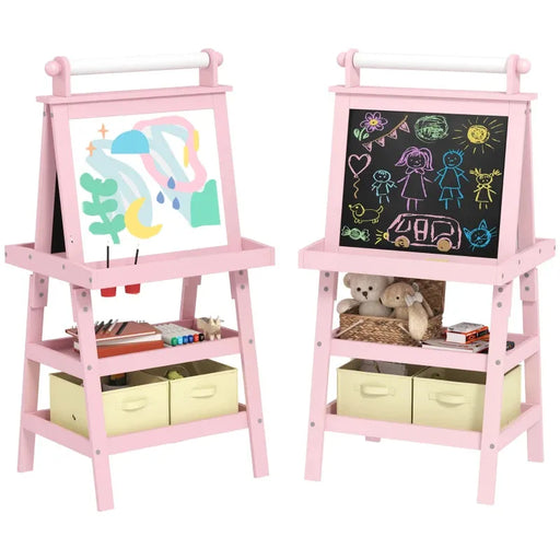 3 in 1 Kids Double-Sided Magnetic Whiteboard and Chalkboard Easel with Paper Roll and Storage Baskets in Pink - Little and Giant Explorers AIYAPLAY