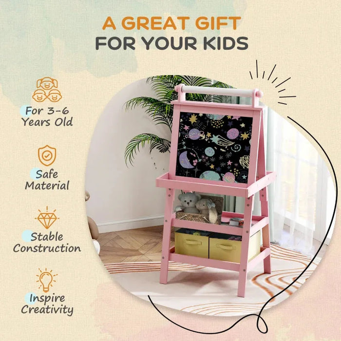 3 in 1 Kids Double-Sided Magnetic Whiteboard and Chalkboard Easel with Paper Roll and Storage Baskets in Pink - Little and Giant Explorers AIYAPLAY