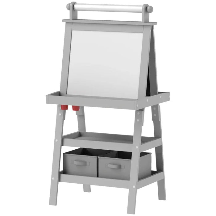 3 in 1 Kids Double-Sided Magnetic Whiteboard and Chalkboard Easel with Paper Roll and Storage Baskets in Grey - Little and Giant Explorers AIYAPLAY