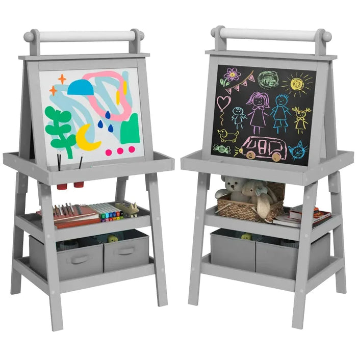 3 in 1 Kids Double-Sided Magnetic Whiteboard and Chalkboard Easel with Paper Roll and Storage Baskets in Grey - Little and Giant Explorers AIYAPLAY