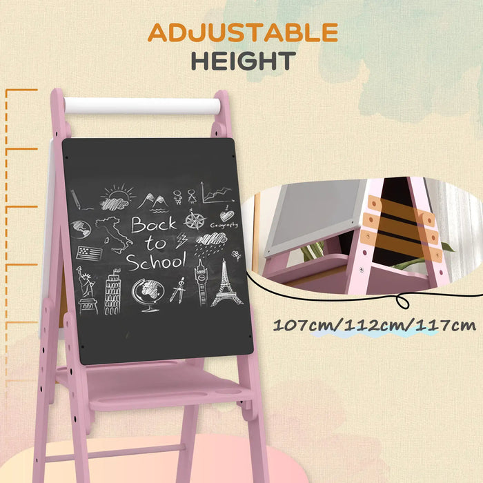 Adjustable height pink kids easel with chalkboard, back to school art, 107-117cm tall