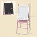 Pink kids easel with whiteboard and chalkboard, dimensioned, adjustable height.