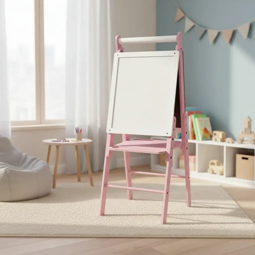 Pink wooden easel with whiteboard in a cozy children's playroom with toys and books
