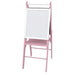 Pink wooden easel with paper roll and white drawing board, kids art station