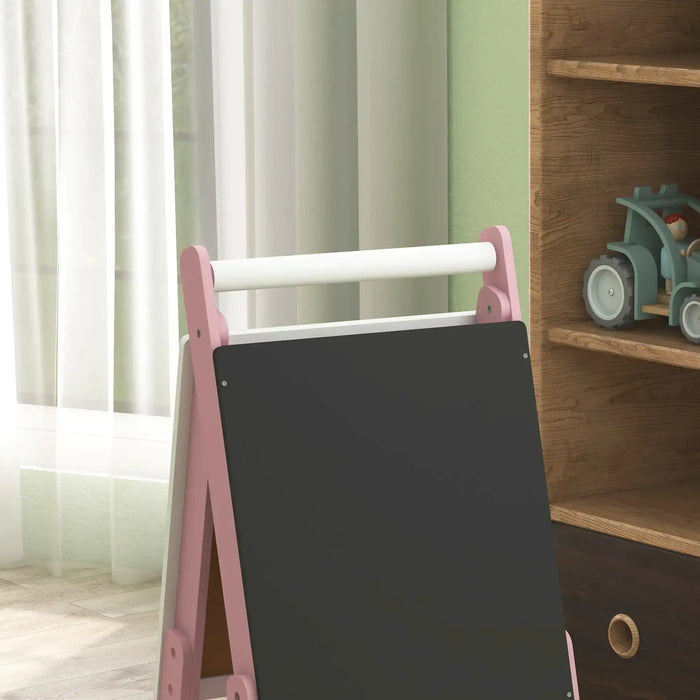 Kids pink chalkboard easel beside wooden shelf with toy truck in playroom