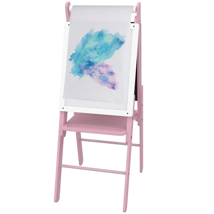 Pink wooden kids easel with watercolor painting on paper roll