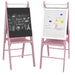 Pink kids' easel with chalkboard and whiteboard, featuring school and ocean drawings