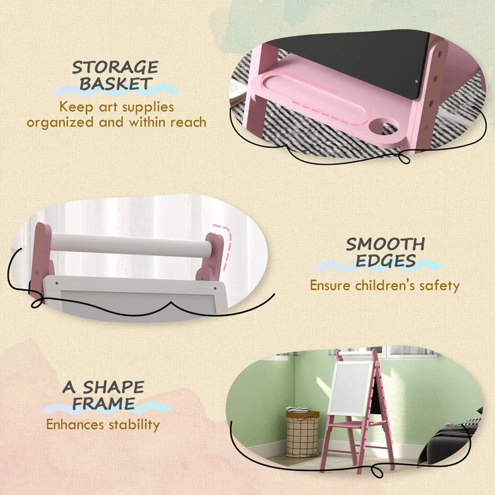 Kids' pink easel with storage basket, smooth edges, and A-frame for safety and stability