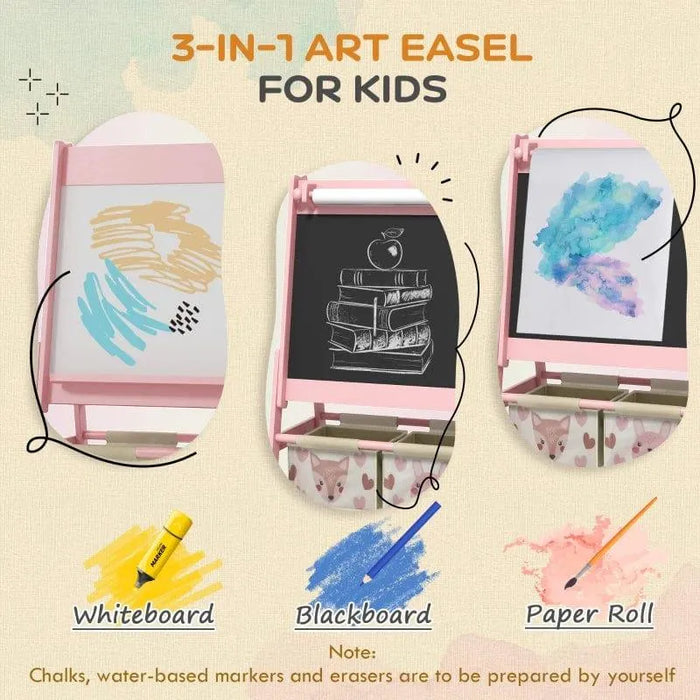 3-in-1 pink kids art easel with whiteboard, blackboard, and paper roll, heart-themed storage baskets