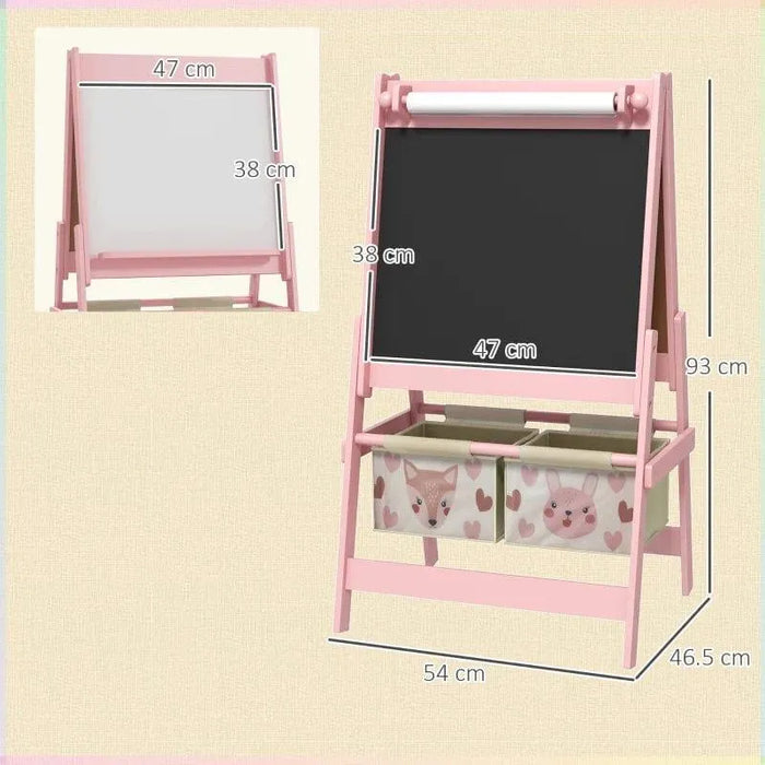 3-in-1 pink kids easel with chalkboard, whiteboard, and animal print storage baskets