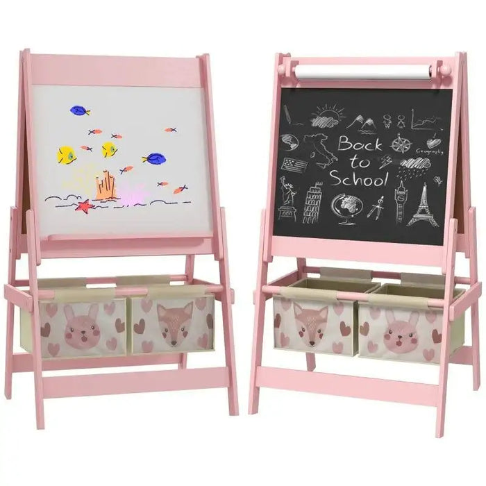 Pink 3-in-1 kids easel with whiteboard, chalkboard, storage baskets, animal print design