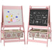 Pink 3-in-1 kids easel with whiteboard, chalkboard, storage baskets, animal print design