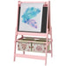 Pink 3-in-1 kids easel with animal-themed storage baskets and paper roll