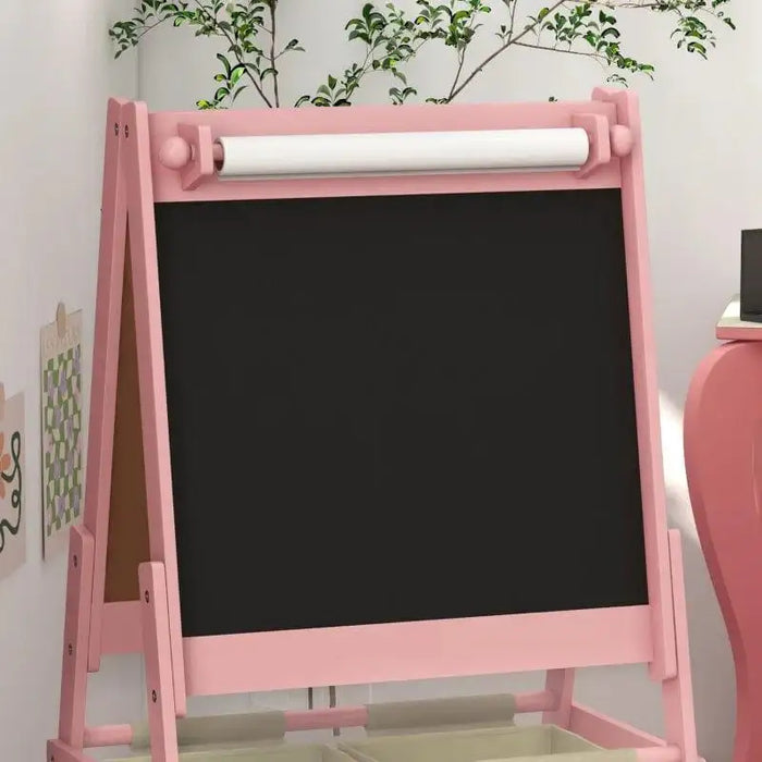 Pink 3-in-1 kids easel with chalkboard, art paper roll, and storage baskets