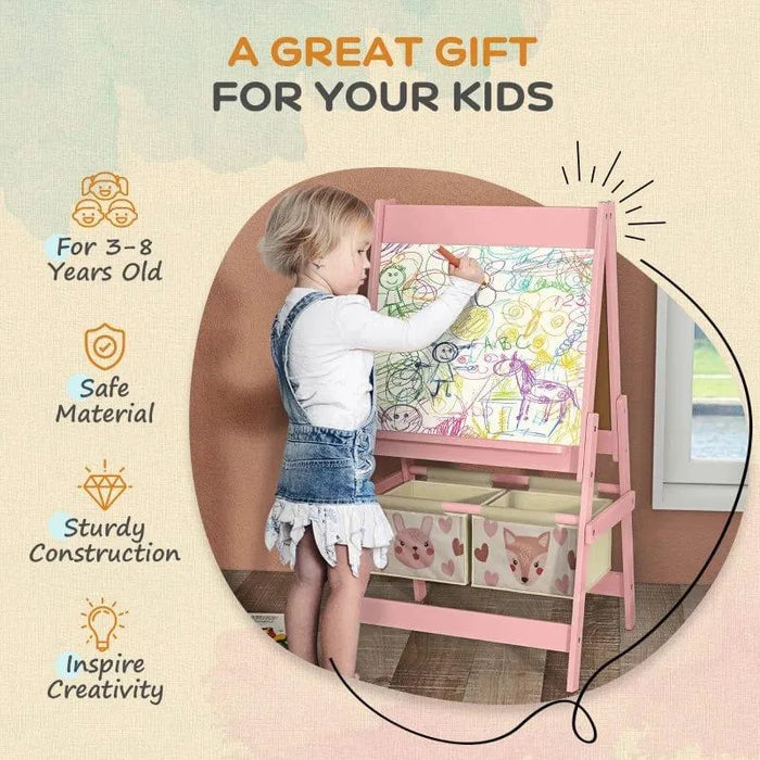 Child drawing on pink 3-in-1 kids easel with animal-themed storage baskets in playroom