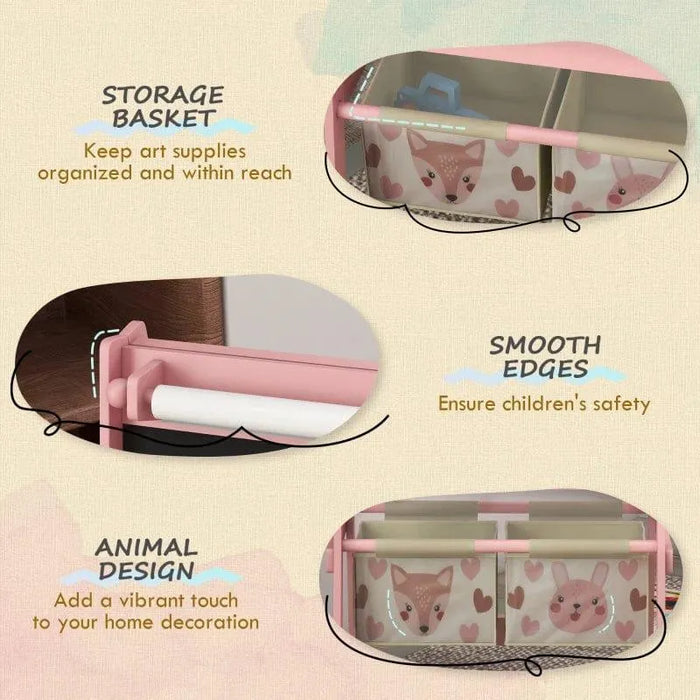 Pink kids easel with animal-themed storage baskets, smooth edges, and art supply organizer.