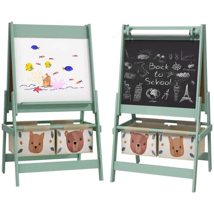 3-in-1 Kids Easel with Paper Roll, Blackboard and Whiteboard with Storage in Green - Little and Giant Explorers AIYAPLAY