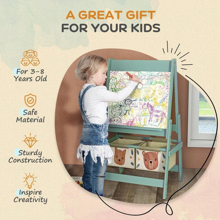 3-in-1 Kids Easel with Paper Roll, Blackboard and Whiteboard with Storage in Green - Little and Giant Explorers AIYAPLAY