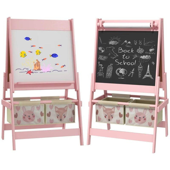 3-in-1 Kids Easel with Paper Roll, Blackboard and Whiteboard with Storage in Pink - Little and Giant Explorers AIYAPLAY