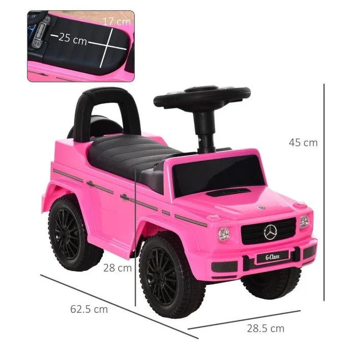 Pink kids Mercedes-Benz G-Class ride-on car with measurements, foot-to-floor push toy