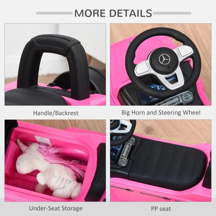 Pink Mercedes-Benz G350 kids ride-on car showing backrest, steering wheel, storage, and seat
