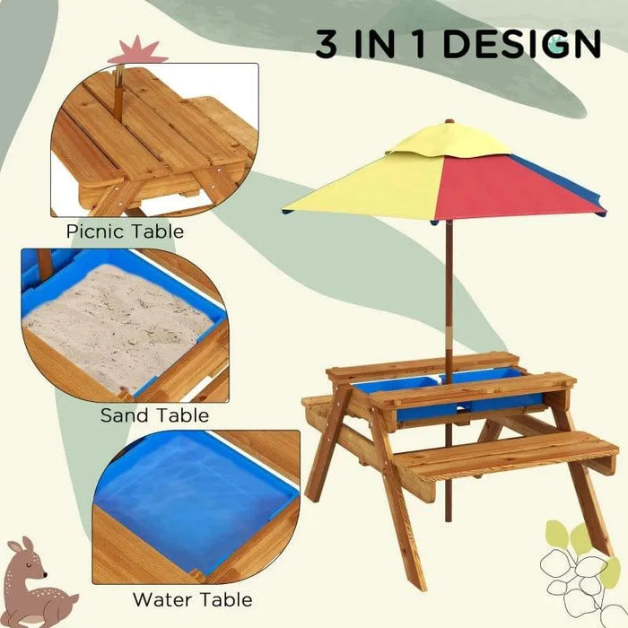 3-in-1 kids picnic table with sand and water play, wood bench, and removable umbrella