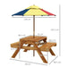 Kids 3-in-1 picnic table with sand and water play, wooden benches, multicolor umbrella, dimensions labeled